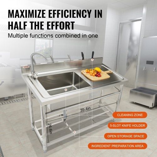Utility Sink, 1 Compartment Free Standing Small Sink w/Workbench Faucet & legs, 100.1 x 48.5 x 95 cm