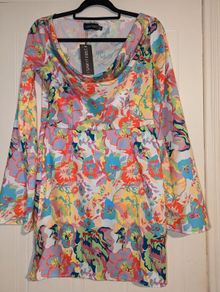 Perfect for Summer. satin tropical print, cowl neck, flare sleeve, bodycon dress