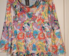 Perfect for Summer. satin tropical print, cowl neck, flare sleeve, bodycon dress