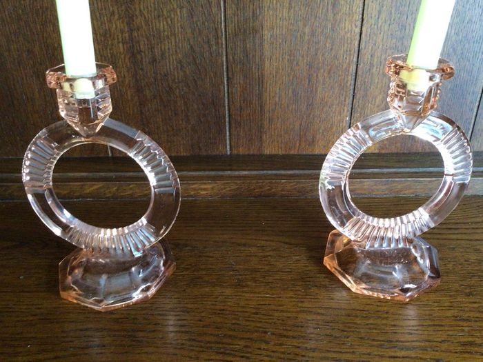 Rare Vintage Art Deco Peach Glass Circular Candle Holders