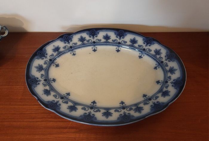 Fabulous Pair of Antique Flow Blue Victorian Graduated Platters, "Dudley" Pattern, by Ford & Sons, Burslem, Stoke-on-Trent, Circa 1893-1908, Perfect for Display
