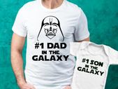 Darth Vader #1 Dad in the galaxy Father t-shirt and #1 son in the galaxy baby bodysuit baby grow vest set. Father's day gift