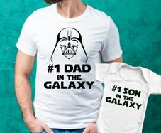 Darth Vader #1 Dad in the galaxy Father t-shirt and #1 son in the galaxy baby bodysuit baby grow vest set. Father's day gift