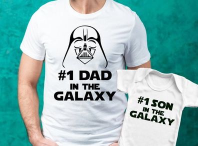 Darth Vader #1 Dad in the galaxy Father t-shirt and #1 son in the galaxy baby bodysuit baby grow vest set. Father's day gift