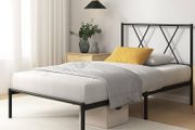 Bed 90 x 190 cm, Metal Frame with Headboard, Slatted Support, Under-Bed Storage, Black