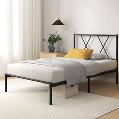 Bed 90 x 190 cm, Metal Frame with Headboard, Slatted Support, Under-Bed Storage, Black
