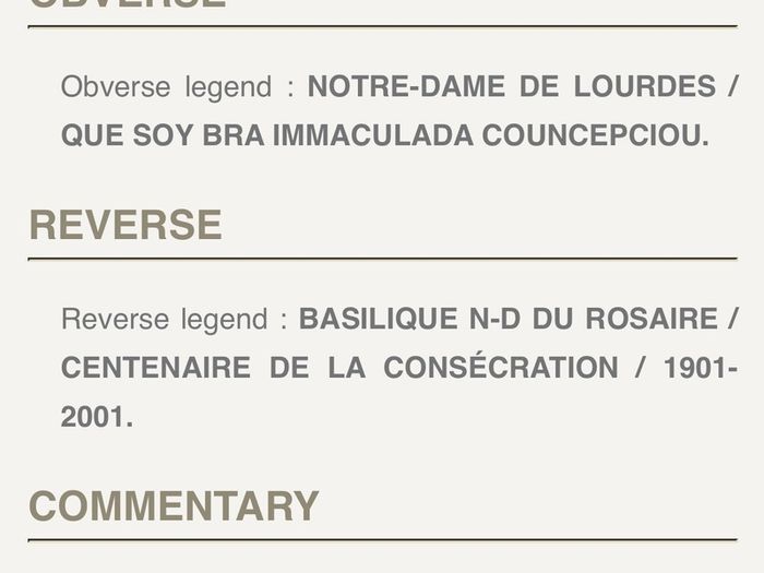 Lourdes coin Centenery of the Consecreation