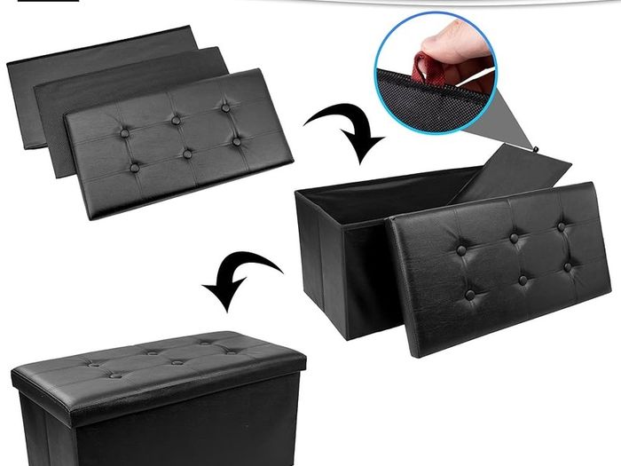 NEW | Leather 76 x 38 x 38cm Black Ottoman Foldable Storage Boxes Seat Foot Stool Storage Box with Lids for Kids Toys, Bedroom, Hallway, Living Room