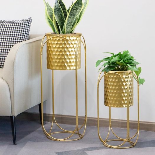 Set of 2 Indoor Outdoor Decorative Planters with Stand for Plants 65.5 & 45.5cm Tall Morden Flower Pot Stand for Dining Room Kitchen Office Garden Patio Wedding (Golden Honeycomb Stamping)