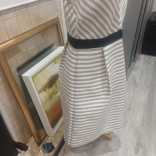Beautiful Flattering Dress by Irish Designer Fee G, Soft Pink and Black Stripped Dress - Size 16