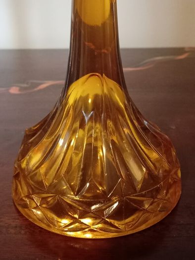 Pair of Vintage Amber Glass Candlestick Holder with Cut Glass Design.
