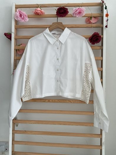 shirt bnwt white cropped shirt size 14 with crochet inserts