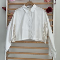 shirt bnwt 14/16 cropped over sized white shirt with crochet panels
