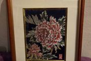 Vintage Asian hand embroidered silk flower framed