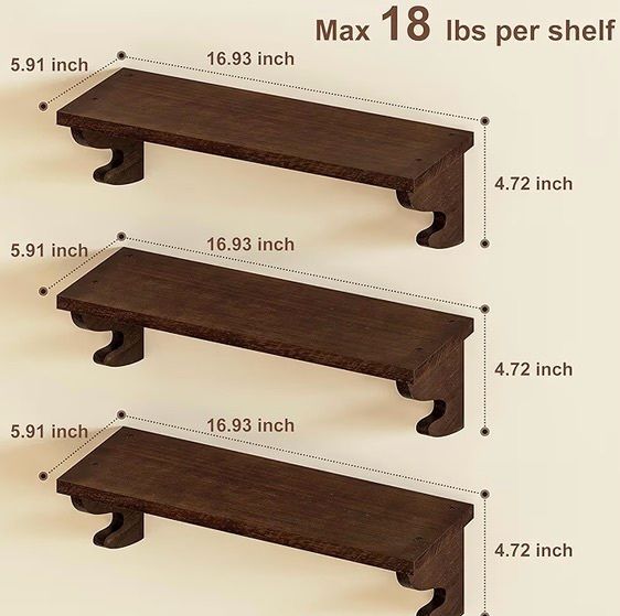Set of 3, 43cm Wall Mounted Rustic Wood Floating Shelves for Small Spaces, Multi-Functional Storage & Organiser for Bedroom, Nursery, Living Room,Office(Walnut)