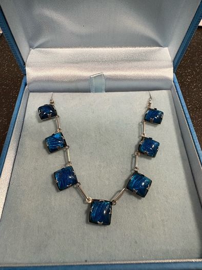Vintage Art Deco Solid Silver Choker Necklace Foiled Blue Art Glass