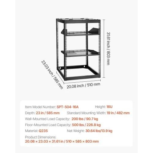 16U Open Frame Network Rack, 585 mm Depth, Wall Mounted or Floor Standing Server Rack, Heavy Duty 4 Post, with Vented Shelves & Mounting Hardware