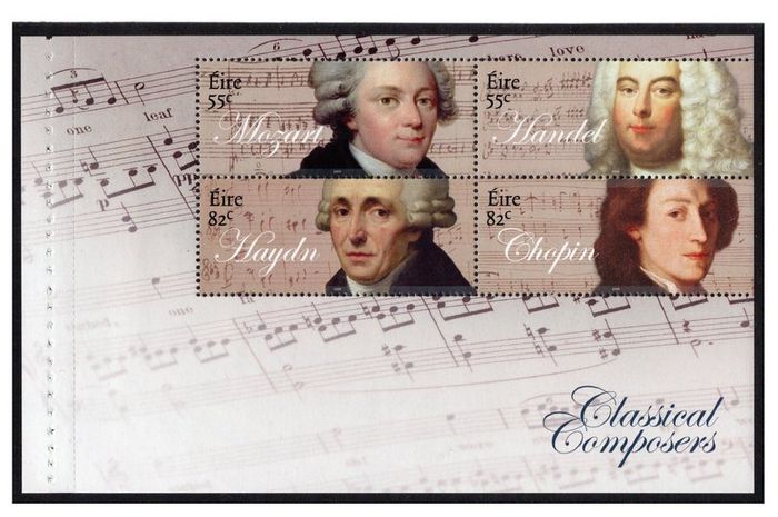 2009 Ireland Classical Composers Commemorative Stamps Booklet Pane featuring Handel, Mozart, Choplin & Haydin Mint Never Hinged (MNH). Hibernian HP187d