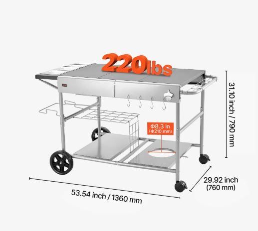 Outdoor Grill Cart Grilling Table Movable Outdoor Cooking Table with 4 Spice Containers, Wheels, Lids, Hooks