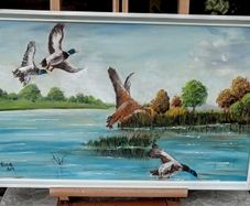 Original  painting of ducks in flight - framed