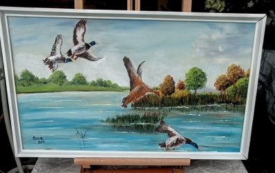 Original  painting of ducks in flight - framed