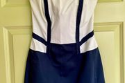 ASOS structured blue and white strapless dress