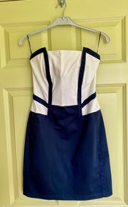 ASOS structured blue and white strapless dress