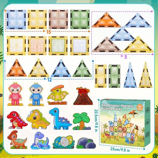 60 PCS Magnetic Tiles for Kids, 3D Magnetic Blocks Dinosaur Toys