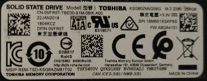 Toshiba 256gb M2 2280 SATA Ssd