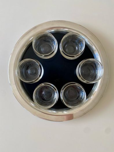 Set of six mid-century roly poly cocktail/punch glasses and tray