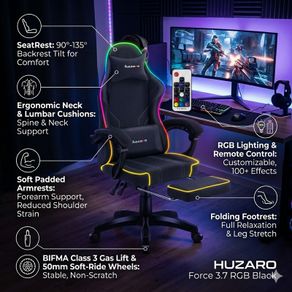 Huzaro Force 3.7 RGB Black Gaming Chair Ergonomic RGB Gaming Chair with Footrest