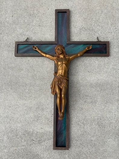 Antique large Ecleastical copper and glass cross crucifix