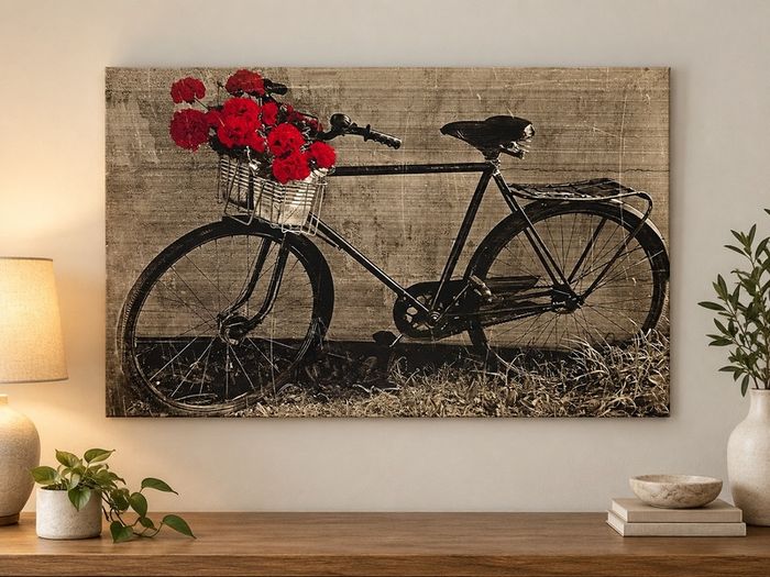 Vintage Bicycle Canvas Wall Art with Red Roses Large Decorative Picture