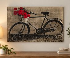 Vintage Bicycle Canvas Wall Art with Red Roses Large Decorative Picture