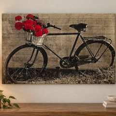 Vintage Bicycle Canvas Wall Art with Red Roses Large Decorative Picture