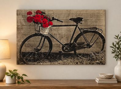 Vintage Bicycle Canvas Wall Art with Red Roses Large Decorative Picture