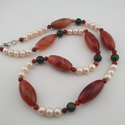 Vintage African Carnelian Statement Necklace with Genuine Pearls & Green Jade Beads