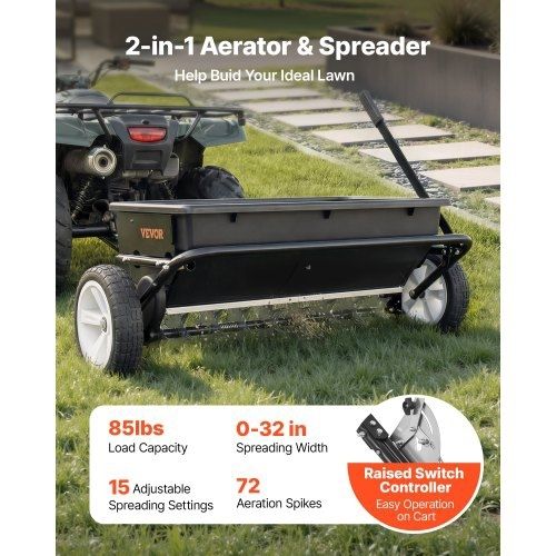 Tow Behind Lawn Spreader with Aeration Spikes, 0.81m Spreading Width, Broadcast Spreader with Universal Hitch, Garden Seeder & Soil Aerator with 100lbs Capacity & 10 in Tires for ATVs UTVs