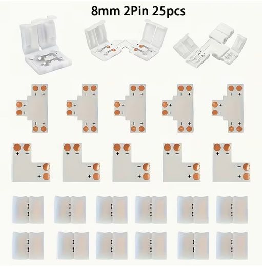 25pcs 2Pin/4 Pin LED Light Strip Connectors Set Including Screw Clips, 8Mm/10Mm 4 Pin LED Connectors, Cuttable T, L Shape PCB Board for SMD 5050 RGB Strip Lights Gapless Connector
