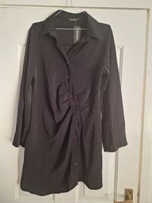 Dress/Black Asymmetric Button Down Ruched Shirt Dress .. Price Drop