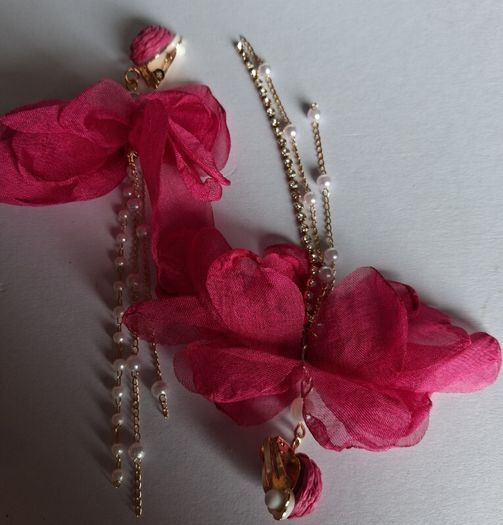 Fuchsia Pink Clip On Tassel Chain Crystal & Pearl Earrings