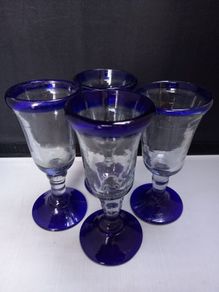 SALE!  Vintage Handmade Cobalt Blue / Clear Glasses - Set of 4