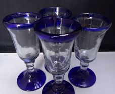 SALE!  Vintage Handmade Cobalt Blue / Clear Glasses - Set of 4