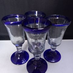 SALE!  Vintage Handmade Cobalt Blue / Clear Glasses - Set of 4