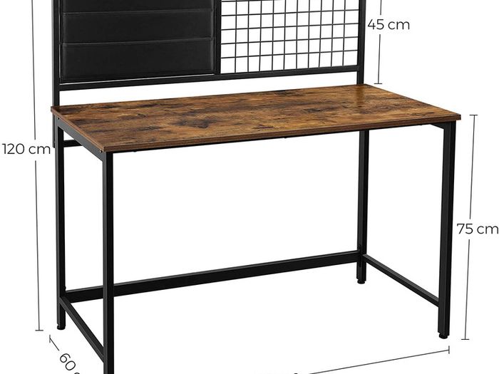 Computer table, desk, with grid and storage compartments made of fabric, steel frame, 118 cm long, industrial design, vintage brown-black