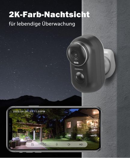 ZUMIMALL True Wireless Outdoor Battery Surveillance Camera WiFi Wireless Surveillance Camera Outdoor / Indoor PIR Motion Sensor 1080P Night Vision IP66 Waterproof Supports 2.4G Wi-Fi Black