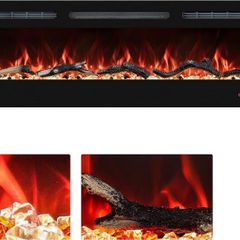 127cm Electric Fireplace Inserts, Recessed and Wall Mounted Fireplace Heater, Linear Fireplace/Thermostat, Remote & Touch Screen, Multicolor Flame, Timer, Log & Crystal, 750W/1500W
