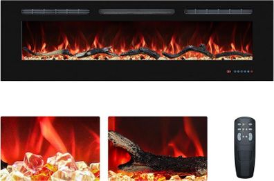 127cm Electric Fireplace Inserts, Recessed and Wall Mounted Fireplace Heater, Linear Fireplace/Thermostat, Remote & Touch Screen, Multicolor Flame, Timer, Log & Crystal, 750W/1500W