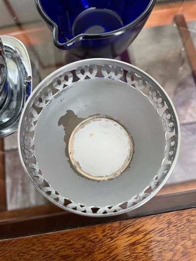 Vintage Silver Chromed Metal Cobalt Blue Glass Sugar and Creamer Set Serving Tray