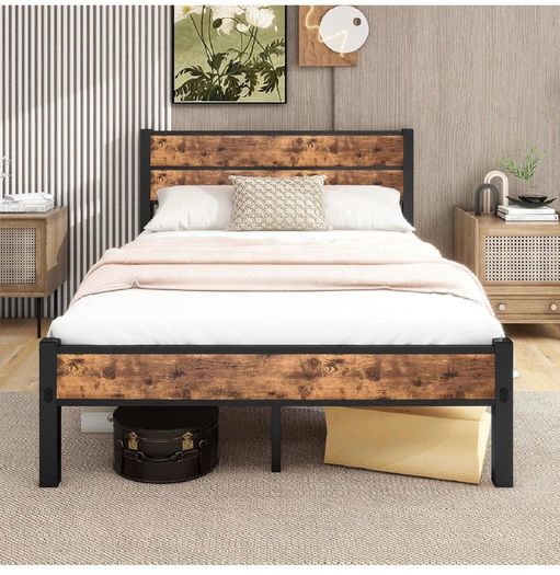 Double Bed Frame with Wooden Headboard